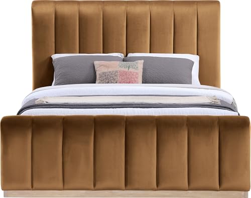 Image of Meridian Furniture AmaraSaddle-Q Collection Modern | Contemporary Queen Bed, Ultra Luxe Saddle 460 GSM Velvet, Natural Finish, Solid Wood Base and Inner Frame, 66.5 inch W x 99 inch D x 51 inch H, Saddle, Queen