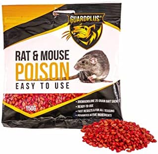 GUARDPLUS Rat Poison (150g) Rat Bait & Mouse Poison Grains - Maximum Strength Rodent Killer - Weather Resistant, Fast Acting, Strongest High Potency, Single Feed Grain