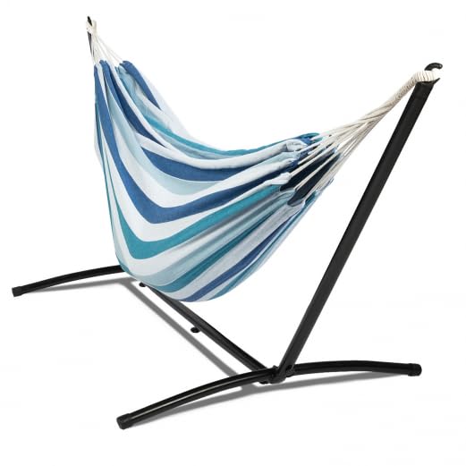 IDMarket - Hamaca con soporte de metal y tela a rayas azul y blanca