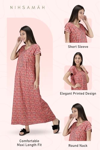 Image of NIHSAMAH Cotton Nighty for Women with Pocket, Premium Printed Long Nighty | Comfortable & Fancy Sleepwear /Nightwear
