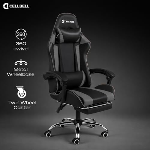 Image of CELLBELL Konquer Ergonomic Gaming Chair for Office & Work from Home | Leatherette Computer Chair with Lumbar Massage, Retractable Footrest,| Heavy Duty Executive Chair (Grey-Black)