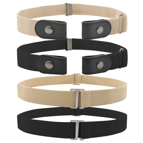 4Pcs Elastic Belts for Women and Men, No Buckle Belt & No Show Stretch Belt, Adjustable Nylon Webbing Belts, Stylish Invisible Belt for Jeans Pants, Fits Waist 30-45 Inches