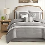 Madison Park Queen Comforter Set, Farmhouse Queen Comforter, Lace & Pintuck Design, Down Alternative, All Season Bedding Set, Bed Skirt, Shams & Decor Pillows, Lacey, Queen, Grey 7 Piece