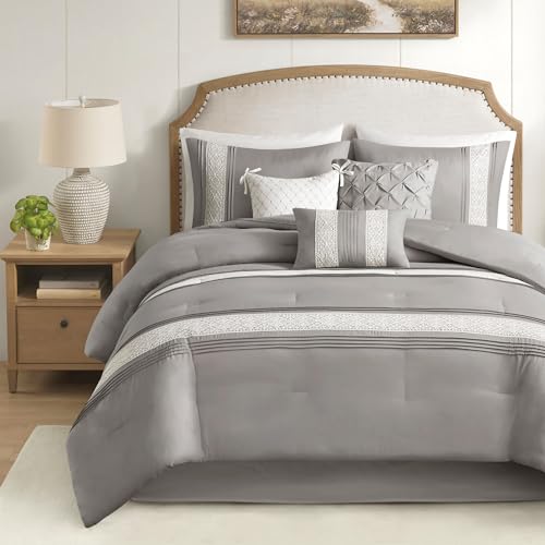 Madison Park Cal King Comforter Set, Farmhouse Cal King Comforter, Lace & Pintuck Design, Down Alternative, All Season Bedding Set, Bed Skirt, Shams & Decor Pillows, Lacey, Cal King, Grey 7 Piece by Madison Park - Used condition - US$40.96