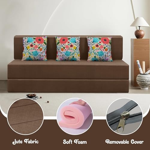 Image of Rosebell 3 Seater Foldable Sofa Cum Bed | 5x6 feet Jute Fabric with Washable Cover & 3 Printed Cushion | Multipurpose Sofa Bed for Living Room - Brown Color