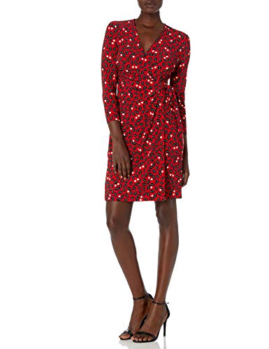 Anne Klein Women's Classic V-Neck Faux WRAP Dress, Pinot/Anne Black Combo, L