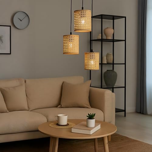 Image of Ikari Homes Rattan Chandelier 3 in1 Pendant Light, Natural Beige, Boho Style, E27 Base, Chandelier for Living Room I Dining I Bedroom I Balcony I Adjustable Wire - (Bulbs not Included) (SQ Mesh)
