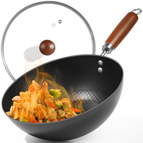 Image of BrBrGo Carbon Steel Pan, 9.5-Inch Stir-Fry Woks & Pans Set with Glass Lid, 1.65lb Lightweight No Chemical Coated Flat Bottom Small Wok for 1-2 Servings