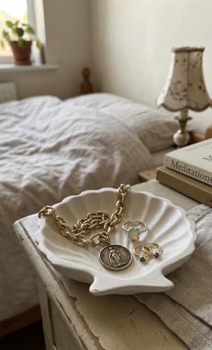 Image of TREETRUNK Handmade Concrete Shell Trinket Tray | White | Shell Shaped | Jewellery /Makeup /Table Organizer | Home Decor | Candle Tray | Multipurpose (9.5x9.5cm)