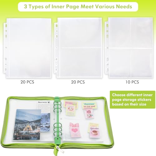 Image of A5 Sticker Storage Binder with Zipper Closure, Reusable Sticker Organizer Album with Pockets, Perfect for Collecting, Organizing, and Displaying Stickers (Green)