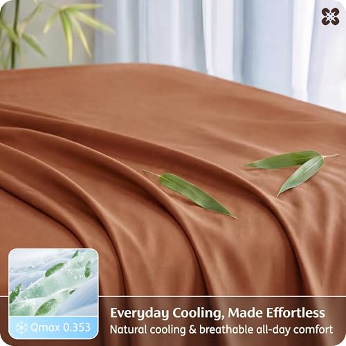 Image of Bedsure Queen Sheet Set, Rayon Derived from Bamboo, Cooling Sheets, PureWoven, Breathable & Soft, Deep Pocket Up to 16 Inches, Hotel Luxury Silky Bedding for Hot Sleepers, Burnt Orange