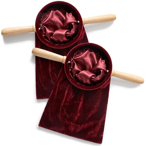 Panier à offrandes d'église rouge vin en tissu floqué avec poignée en bois x2