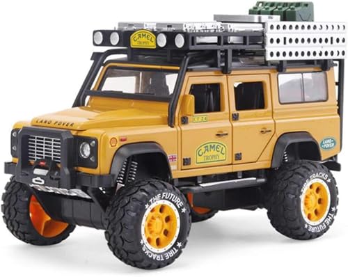 Image of 1:28 Scale Die-Cast Metal Camel Trophy Defender with 6 Openable Doors,Music,Lights & Pull Back Action (Yellow)