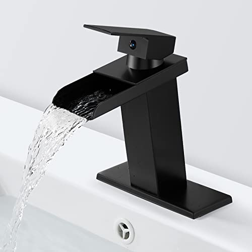Solepearl Matte Black Waterfall Bathroom Faucet Wide Mouth Spout, Solid Brass Sink Vanity Faucets 1 or 3 Hole 4 Inch, Single Handle Basin Lavatory Modern Commercial Mixer Tap with Deck Mount Plate Solepearl Matte Black Waterfall Bathroom Faucet Wide Mouth Spout, Solid Brass Sink Vanity Faucets 1 or 3 Hole 4 Inch, Single Handle Basin Lavatory Modern Commercial Mixer Tap with Deck Mount Plate