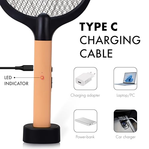 WEIRD WOLF 2 in 1 UV Light Mosquito Bat Racket Electric Fly Swatter with Base Stand, Lithium Battery, USB Type-C Charging, Warranty, Peach/Black (Image - 7)
