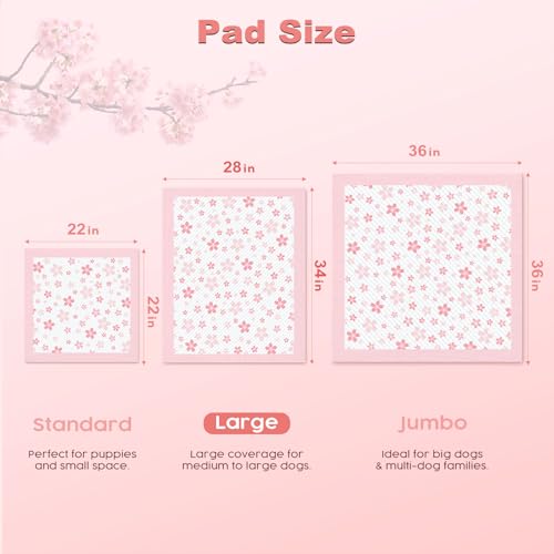 Image of MIZOK 100 Counts Dog Pee Pads Extra Large 28 inchx34 inch, Potty Pads for Big Dog Breeds, Super Absorbent & Leak-Proof, Pink Cherry Blossom Prints, 4-Corner Adhesive Tabs, Thick & Heavy, XL