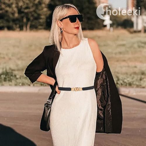 Women Elastic Thin Belt Gold Buckle Stretchy Retro Waist Belts for Dresses3