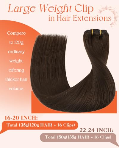 Image of Sunny Hair Clip in Hair Extensions Real Human Hair 16 Inch 135g Remy Extensions Brown for Women Thick Natural Hair for Volume and Length