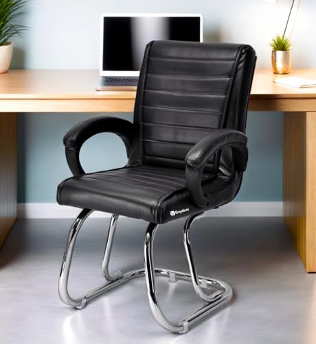 Image of Executive Office Home Study Chair Library Chair with Cushioned Arm Rest & Seat Back, Reception or Conference Room Seating, 100 Kgs Limit (1, Black, Double Pipe Chrome Frame)