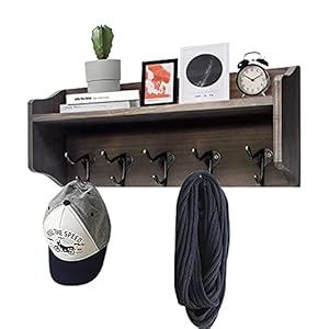 Coat hooks with shelf wall mounted rustic wood entryway shelf with 5 vintage metal hooks farmhouse mounted coat rack and upper shelf for storage perfect for your entryway kitchen bathroom  urban country home decor