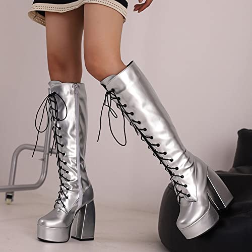 Women's Platform Heel Boots Lace Up GOGO Boots Metallic Knee High Boots3