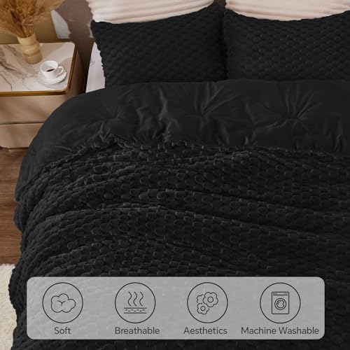 BEDELITE Fluffy King Size Comforter Set - Black Fleece Soft Comforter for King Size Bed, Luxury Warm Bedding Set for Winter, Fuzzy Bed Set 3 Pieces (1 Comforter, 2 Pillowcases)