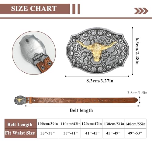 Image of VONMELLI Western Belt for Men Women, Embossed Leather with Bull Buckle