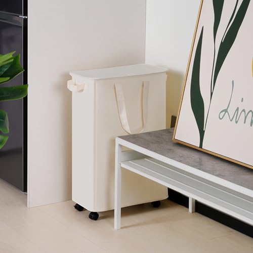Image of Vincona Slim Laundry Hamper with Lid and Wheels, Small Rolling Laundry Basket with Handle for Small Spaces, Tall Dirty Clothes Hampers for Dorm, Bathroom and Bedroom, 75L, Beige