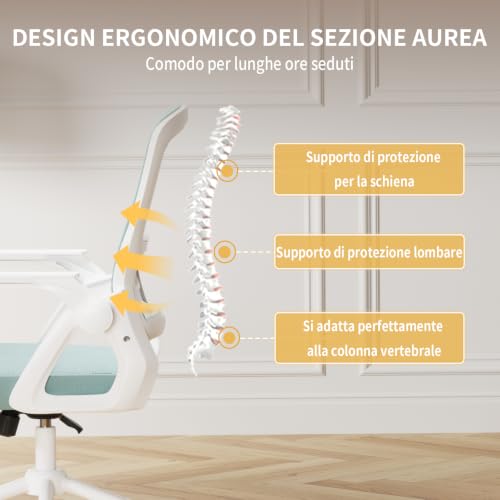 naspaluro Sedia da Ufficio Ergonomica Poltrona con Supporto Lombare verde - Immagine 5