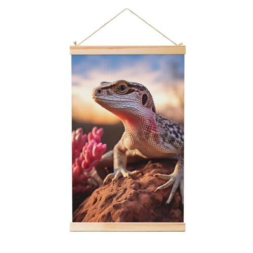 Poster lézard blanc avec cadre bois moderne suspendu
