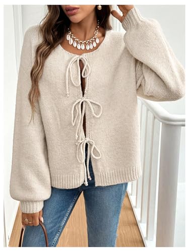 Verdusa Women's Bow Tie Front Drop Shoulder Long Sleeve Knit Cardigan Sweaters3