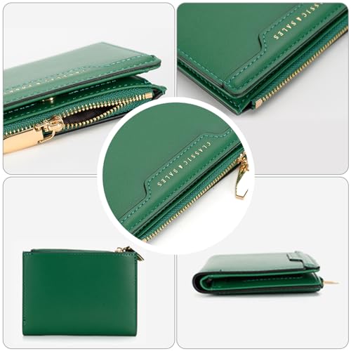 Slim Genuine Leather Wallet for Women Bifold/Trifold Compact with Zipper Pocket Black (Green)3