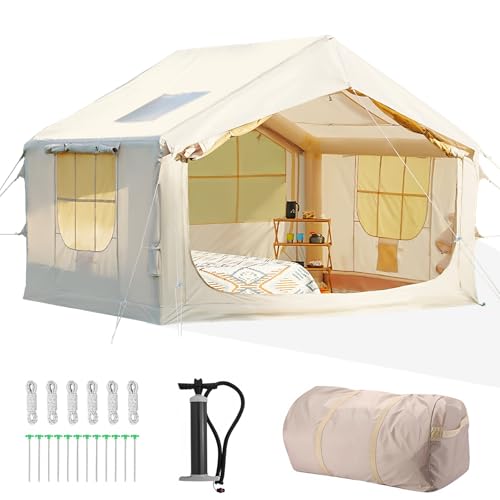 Glamcamp 4-6 Person Inflatable Tent - Quick Setup Air Tent with Stove Jack, 420D Oxford (PU2000), 15cm Air Beams, 2 Doors & Windows
