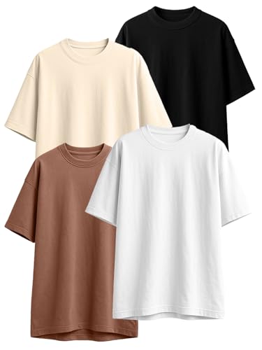 Image of JUNEBERRY 100% Pure Cotton Oversized Loose Fit Half Sleeve Drop Shoulder Solid Core Round Neck Multicolor T-Shirt Combo for Women (Pack of 4) (Colors: Black, White, Swanwhite, Brown, Lilac & Maroon)
