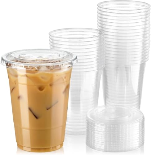 クリアプラスチックカップ 16オンス Mサイズ フリー 穴が開いたフラットな蓋付き 使い捨てカップ 冷たいドリンク/コーヒー/アイスティー/スムージー/タピオカドリンクに 50個セット (9oz)