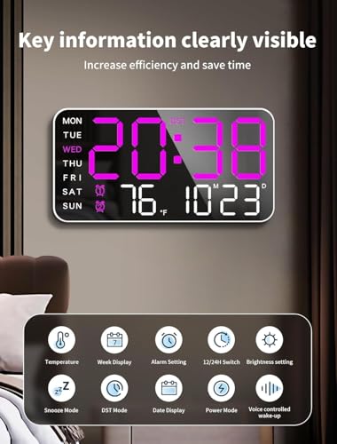 Image of 9 inch LED Digital Wall Clock with Date, Day & Temperature - Dual Alarm, Adjustable Brightness, USB Powered - Large Display for Bedroom, Office & Home Decor [Purple Lights White Body Frame]