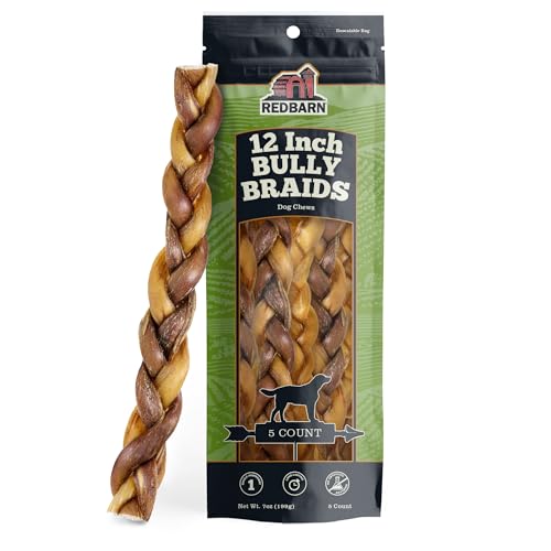 Redbarn Pet Products All-Natural 12″ Braided Bully Sticks for Dogs – Premium Slow Roasted Long Lasting Chew Treats Made with 100% Beef – Single Ingredient Low Odor – 5 Count – Packaging May Vary