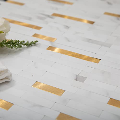 Lovdeco Peel And Stick Polished White Marble Backsplash, Self Adhesive White And Gold Strip Tile For Kitchen Backsplash Bathroom Tile (12" X 12", 5 Sheet) #TOP5
