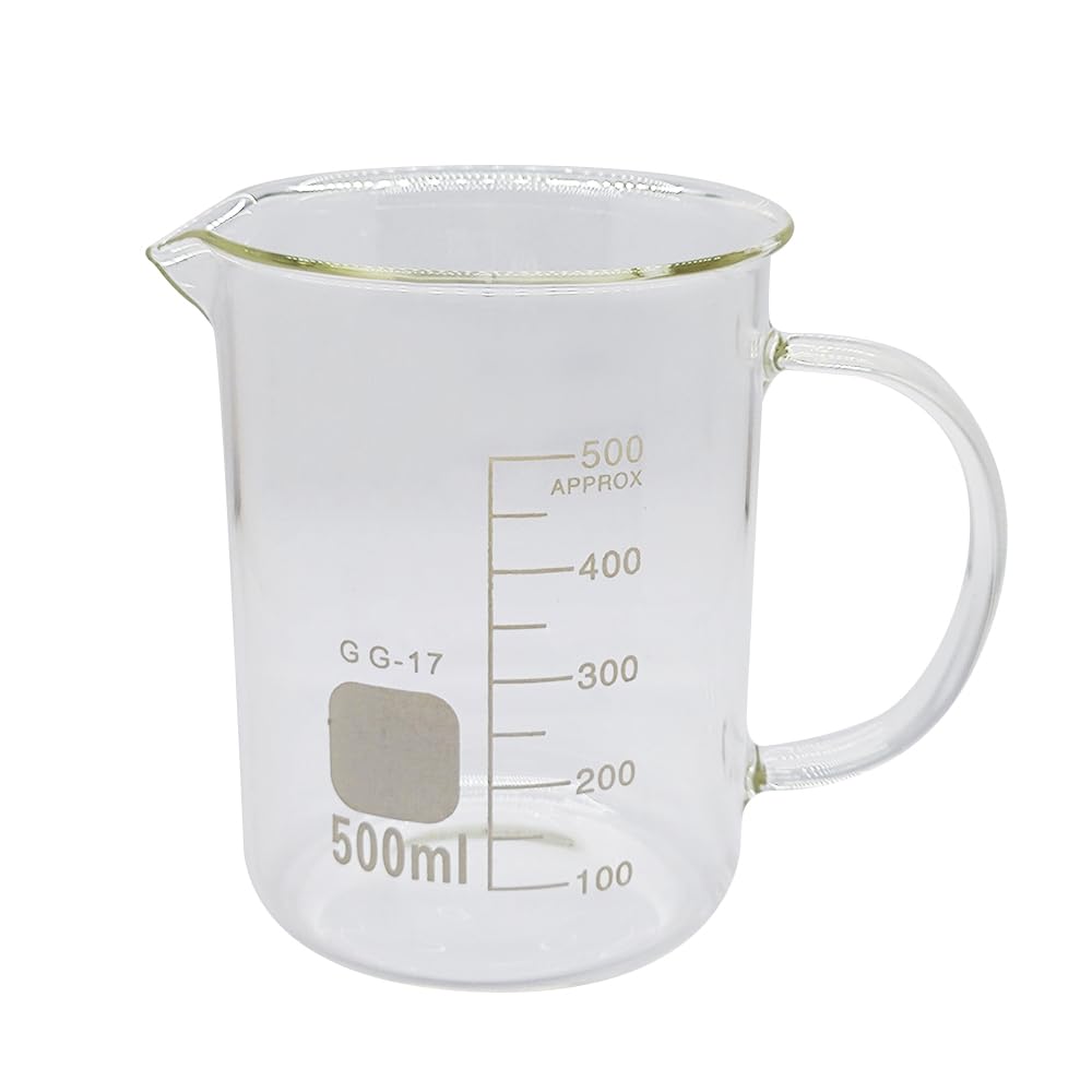 1 becher da laboratorio in vetro borosilicato da 50 ml, 100 ml, 250 ml, 500 ml, 1000 ml con manico, per misurare la bilancia e le attrezzature da laboratorio (500 ml)