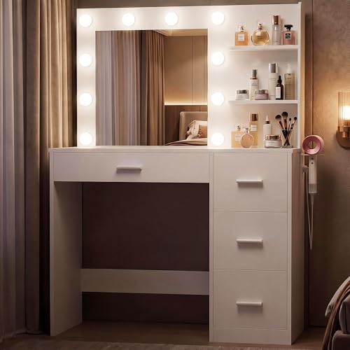 Image of YESHOMY Vanity Desk with Mirror, LED Lights and Storage,Modern White