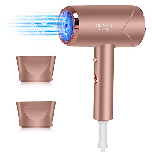 CONFU Hair Dryer Travel 1800W Ionic Hairdryers Lightweight Powerful Fast Drying Blow Dryer with Nozzle 2 Speed Cool Shot DC Motor Attachment (UK plug, Rose Gold)
