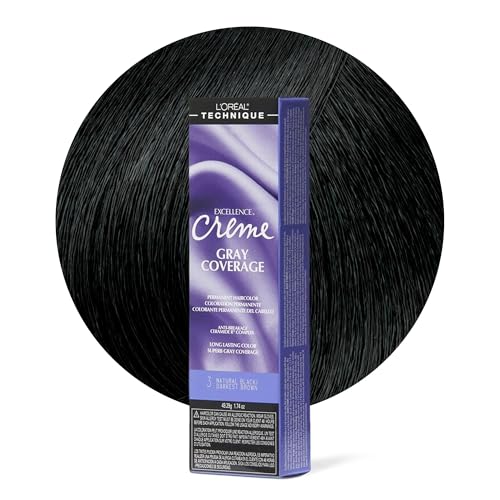 L'Oréal Technique Excellence Crème Permanent Hair Color - Long-Lasting Hair Dye, Rich Formula With No-Drip Application, Superb Gray Coverage, 3 Natural Black