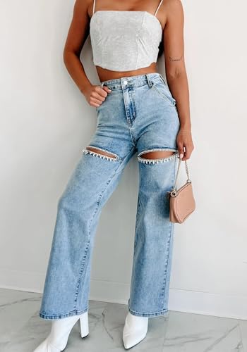 Women's High Waist Straight Wide Leg Baggy Jeans Ripped Rhinestone Trim Bling Y2k Stretch Denim Pants Streetwear2