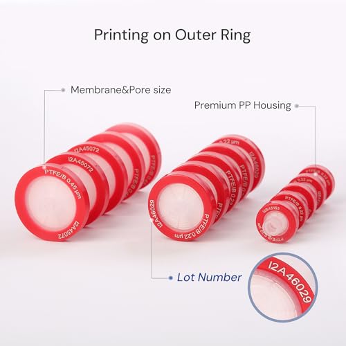 Image of 100 Pack Syringe Filter PTFE Lab Filters 0.45μm 33mm Hydrophobic Filtration Non-sterile Red
