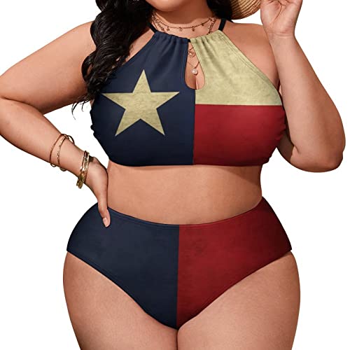 SEPTYK Texas Lone Star State Flag Pattern Women Sexy Bikini 2 PC Plus Size Swimsuits Hollow Out High Neck Bathing Suit 3XL