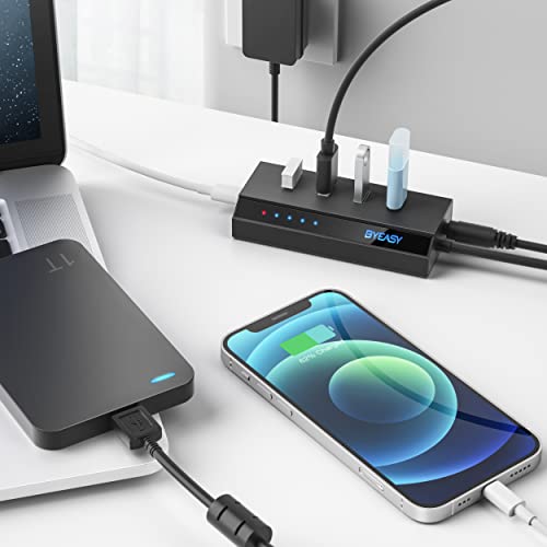 Byeasy Powered Usb Hub, 5-Port Usb 3.0 Hub With 4 Usb 3.0 Data Ports And 1 Type-C Smart Charging Port, Usb Splitter With 5V/3A Power Adapter Compatible With Macbook, Laptop, Ps4, Flash Drive #TOP5