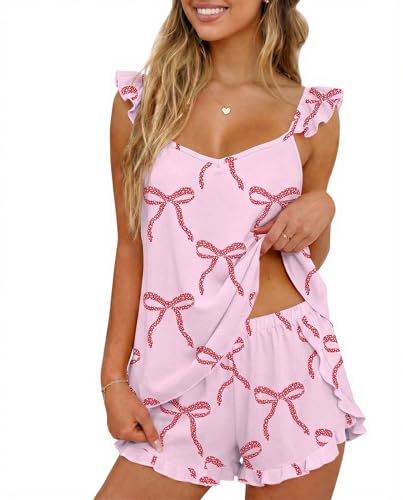 Image of Ekouaer Pajamas for Women set 2 Piece Ruffle Tank Top Split Leg Cami Shorts