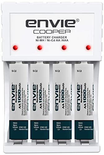 Image of ENVIE (ECR 20 MC+4xAA1000) Standard Rechargeable Battery Charger for AA & AAA Ni-mh /Ni-Cd, LED Indicator, 600MA Output Current, with 4xAA1000 Rechargeable Batteries