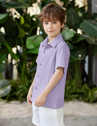 Image of Arshiner Boys Casual Short Sleeve Button Down Shirt Fashion Textured Summer Beach Shirt 3-13 Years Old