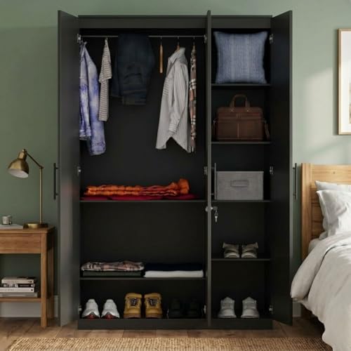 Image of FFO Kavisto 3 Door Wardrobe for Bedroom with Shelves, Hanging Space & Lock, Wooden Clothes Organizer Almirah for Home, Office & Kids Room Black DIY.